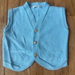 Atkins Vintage Vest Boys 3T‎ Light Blue Knit Gold Crest Buttons Preppy Classic